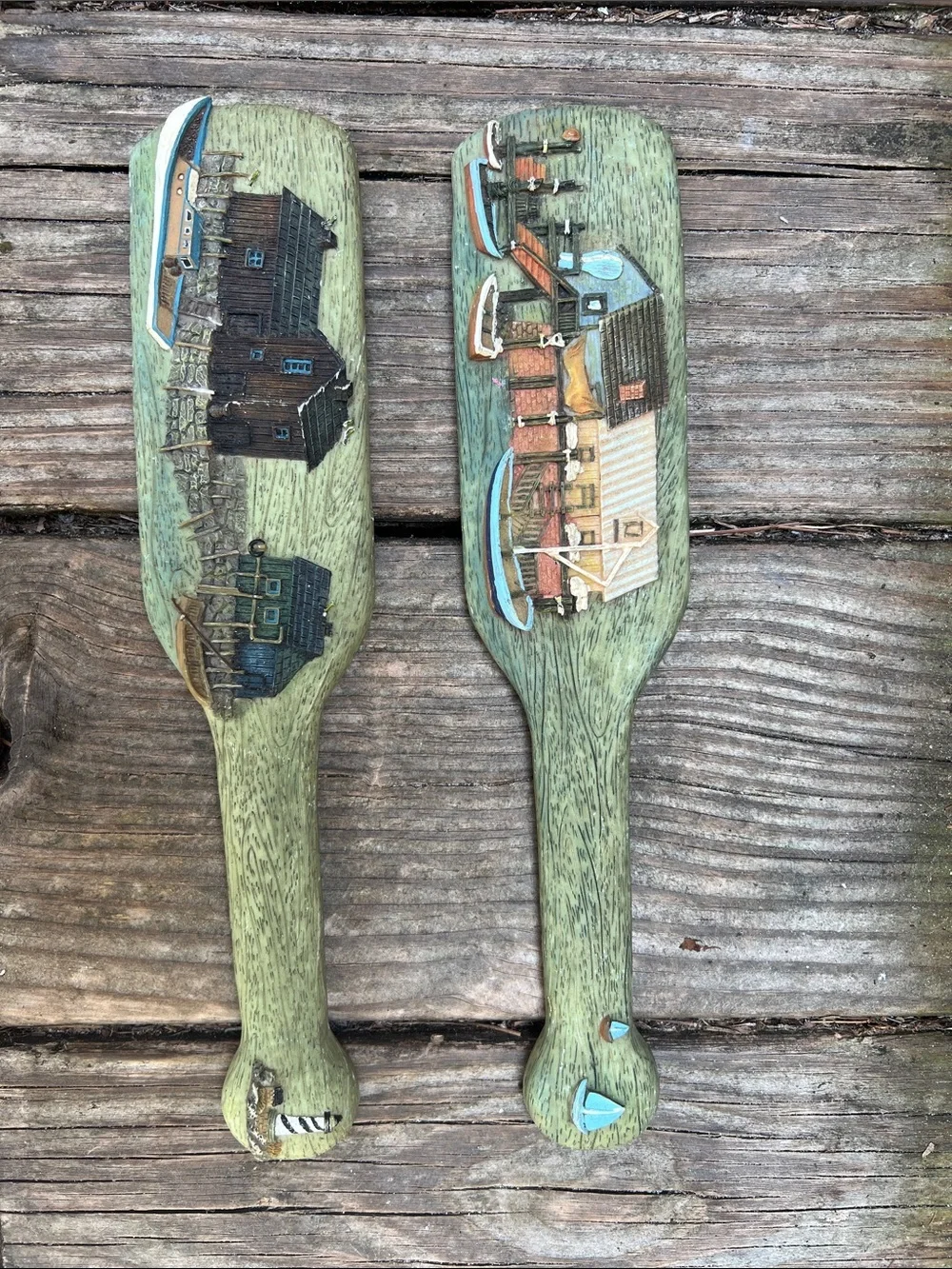 Rare Vintage Nautical Maine Fishing Village Paddle Wall Decor - Pair